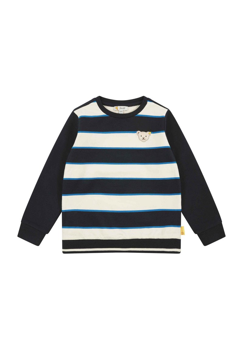 Felpa a maniche lunghe con strisce blu navy, bianche e azzurre. Presenta un design di orso sul petto e polsini a costine. Materiale in cotone.