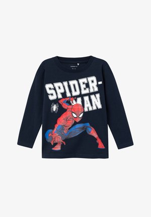 Mornarska dolga majica z dolgimi rokavi iz bombaža, s rdečo grafiko Spider-Mana in belim besedilom "SPIDER-MAN" ter ikono pajka na prsih.