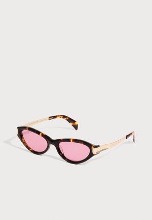 Cat-eye sunglasses with tortoiseshell frame, pink lenses, and gold metal temples on a white background.