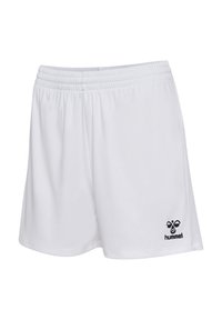 Białe szorty sportowe wykonane z lekkiego materiału, z elastycznym pasem i czarnym logo "hummel" na dolnej prawej stronie.
