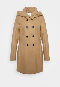 Cappotto in misto lana marrone con cappuccio, bottoni doppi, due tasche laterali e una vestibilità strutturata. Texture liscia e design classico.