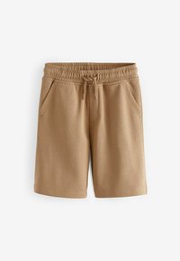 Bermudas de algodón de color marrón con cintura elástica y cordón. Cuenta con dos bolsillos laterales y un acabado de tejido texturizado y suave.