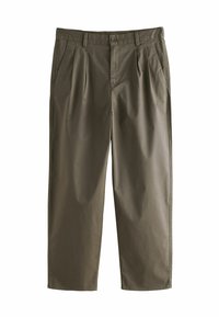 Khaki, lette bomuldsbukser med plisseringer, bæltestropper og sidelommer. Lige snit med en glat tekstur og ingen bemærkelsesværdige mønstre.