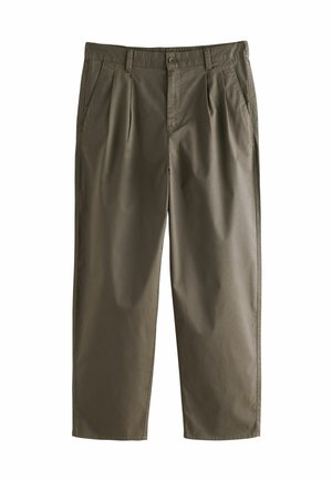 Khaki, lightweight cotton trousers with pleats, belt loops, and side pockets. Straight cut with a smooth texture and no notable patterns.