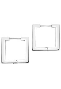 Zwei silberne, quadratische Ohrringe mit polierter Oberfläche und minimalistischem Design. Jeder verfügt über ein kleines Scharnier für eine sichere Befestigung.