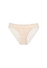 Beige lace-trimmed panties featuring smooth fabric with textured lace sides and scalloped edges, designed for comfort and style.