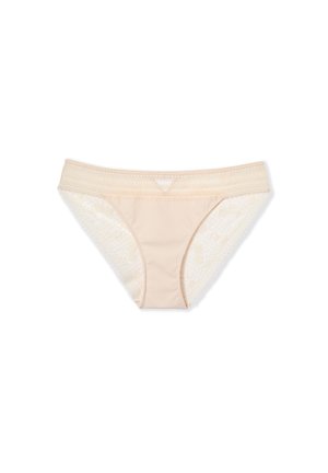 Culotte beige à bord dentelé, avec un tissu lisse et des côtés en dentelle texturée, conçue pour le confort et le style.