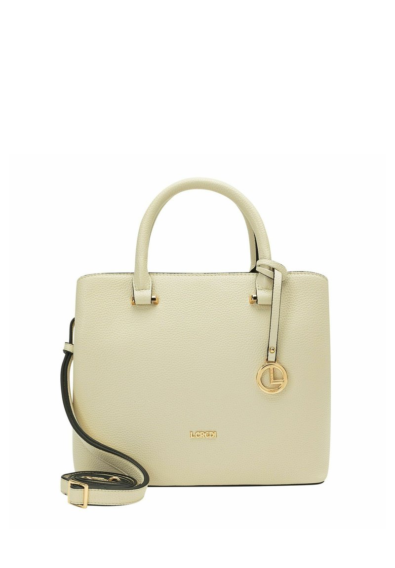 Cream-colored handbag made of textured leather with gold hardware, dual handles, a detachable shoulder strap, and an accent charm.