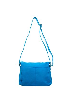 Bright blue leather shoulder bag with adjustable strap, rectangular shape, and visible front stitching on plain white background.