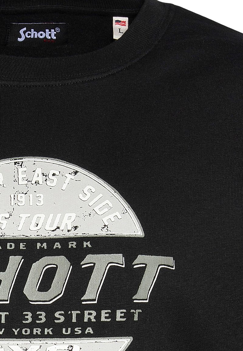 Schwarzer Baumwoll-Sweatshirt mit einer großen, verwitterten silbernen Grafik mit "Schott"-Markierung und dem Text "East Side Tour". Rundhalsausschnitt-Design.