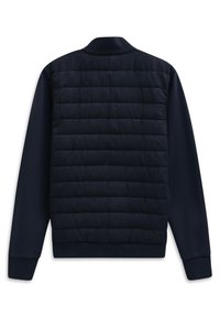 Navy blue bomber jacket with a quilted back, smooth sleeves, ribbed cuffs and collar, featuring a textured fabric on the upper back.