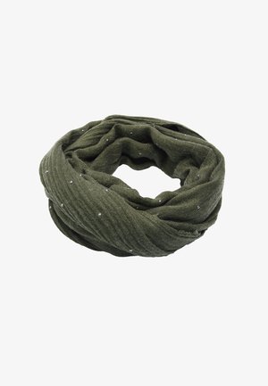 Nieskończony szalik w kolorze oliwkowej zieleni wykonany z teksturowanej tkaniny, ozdobiony małymi, rozproszonymi metalicznymi akcentami. Gładki, pętlowy fason ułatwiający noszenie.
