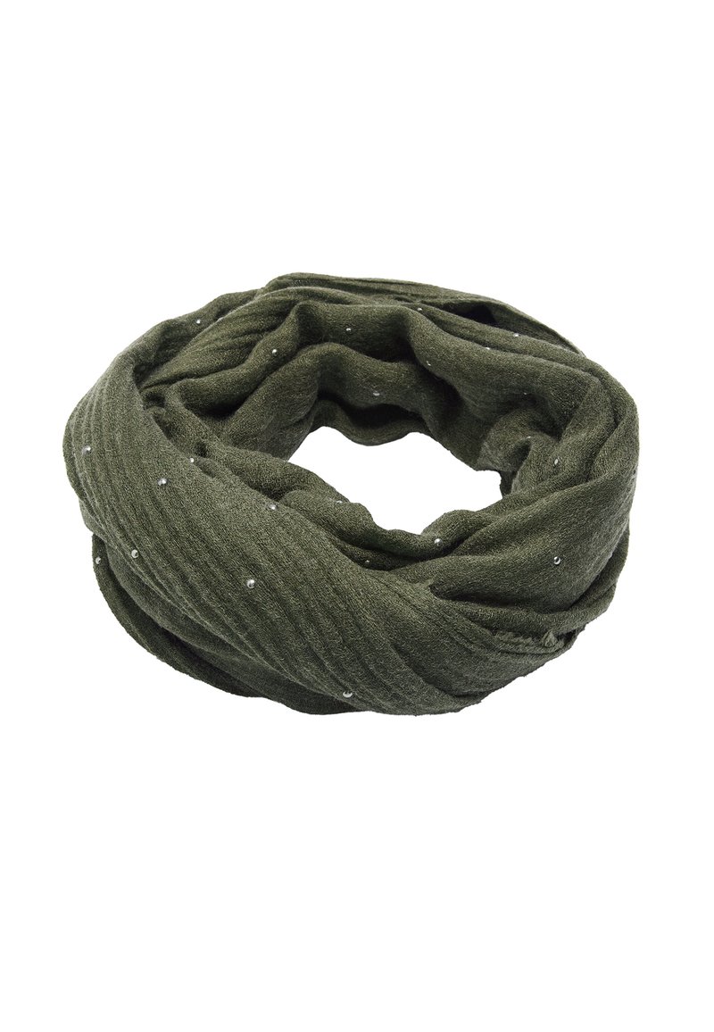 Nieskończony szalik w kolorze oliwkowej zieleni wykonany z teksturowanej tkaniny, ozdobiony małymi, rozproszonymi metalicznymi akcentami. Gładki, pętlowy fason ułatwiający noszenie.