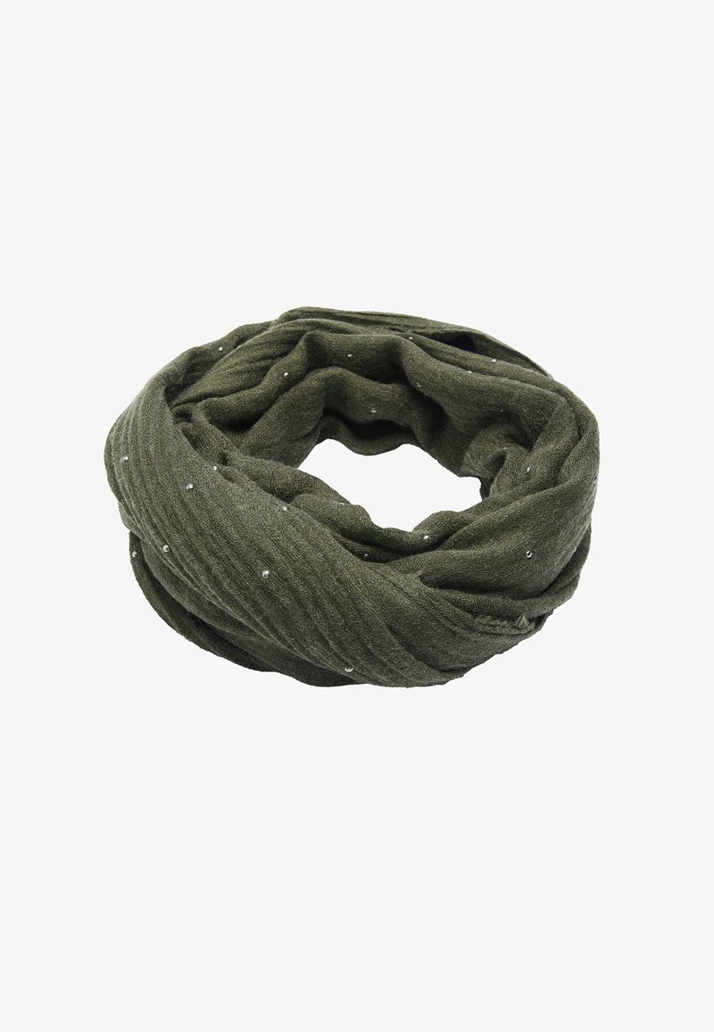 Nieskończony szalik w kolorze oliwkowej zieleni wykonany z teksturowanej tkaniny, ozdobiony małymi, rozproszonymi metalicznymi akcentami. Gładki, pętlowy fason ułatwiający noszenie.
