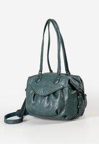 Teal leren handtas met twee schouderbanden, ronde vorm, sluiting met bovenklep en subtiele plooien; inclusief een afneembare schouderband.