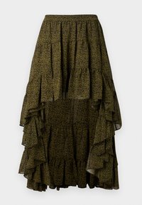 Jupe maxi à motif paisley noir et vert olive, caractérisée par un design en étages avec des volants et une taille élastique pour plus de confort.