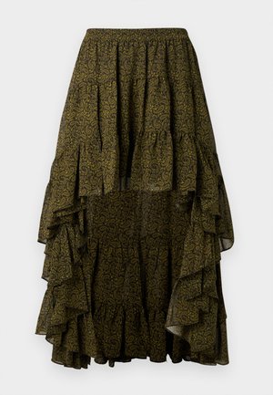 Dlouhá sukně s vzorem paisley v černé a olivově zelené barvě, která má vrstvený design s volány a elastickým páskem pro pohodlí.