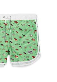 Pantaloni da bagno verdi con stampa di ciambelle in vari colori, con una cintura elastica bianca e un cordino, e bordi bianchi.