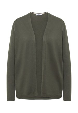 Cardigan à manches longues, ouvert sur l'avant, en tissu tricoté uni vert olive, avec un col rond et sans fermetures apparentes.