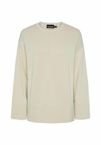 Licht beige gebreide trui met een ronde halslijn, ingezette schouders en geribde manchetten en zoom. Textuurstof met een relaxte pasvorm.
