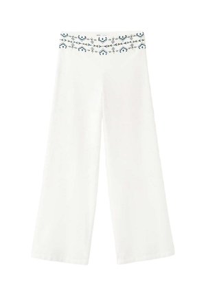 Pantalones blancos de pierna ancha con cintura alta que presenta un patrón geométrico bordado en azul y beige en la cinturilla.