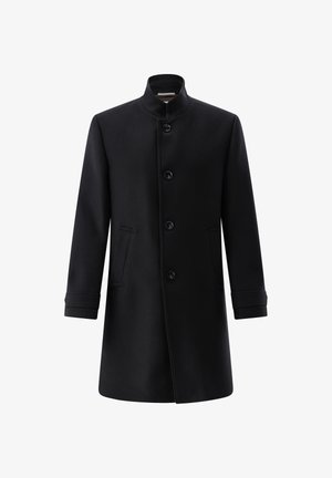 Black, long wool coat with a high collar, six buttons, and two side pockets. Smooth texture and tailored design with a straight cut.