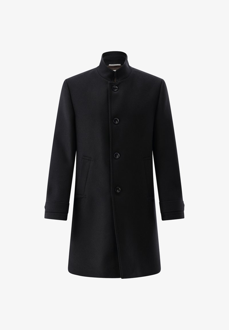 Schwarzer, langer Wollmantel mit hohem Kragen, sechs Knöpfen und zwei Seitentaschen. Glatte Textur und maßgeschneidertes Design mit geradem Schnitt.
