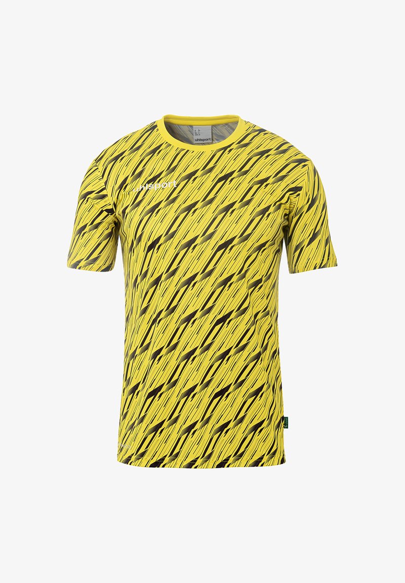 Gul sports-t-shirt med sorte diagonale striber. Letvægtsstof, korte ærmer, rund halsudskæring, og lille logo på brystet.