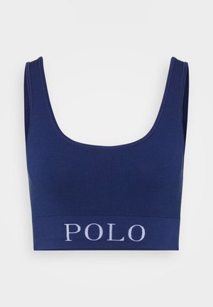 Navy blue ribbed bralette with wide straps and a fitted design. Features a contrasting white "POLO" logo on the elastic band.