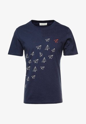 Navy blue cotton t-shirt with short sleeves, featuring white and one red paper airplane graphic design on the front. Crew neckline.