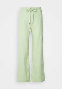 Světle zelené lněné kalhoty s uvolněným střihem, mají stahovací pas a zapínání na knoflík. Rozší�řené nohavice s hladkou texturou.