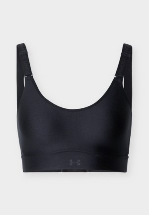 Brassière de sport noire avec bretelles réglables arborant les logos Under Armour, conçue pour un soutien athlétique et un confort optimal.