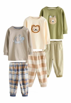 Three children's long-sleeve tops with animal faces (elephant, lion, bear) paired with matching plaid elastic-waist pants in soft colors.