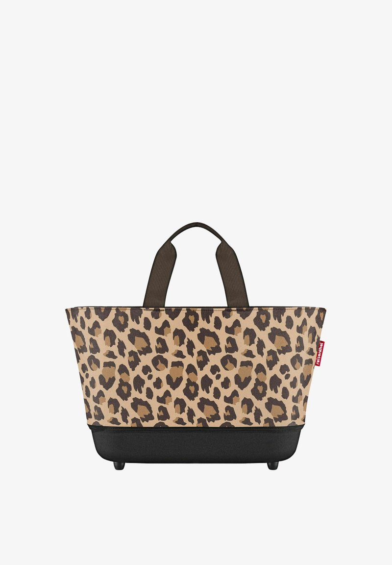 Tote-Bag im Leopardenmuster mit einem beigen und braunen Design. Schwarzer Boden mit kurzen braunen Griffen. Verfügt über ein strukturiertes Design und strapazierfähiges Material.