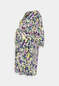 Vestido de maternidade com um vibrante padrão floral em amarelo, rosa e azul, com mangas curtas e uma cintura ajustada.