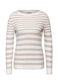 Maglione a righe con maniche lunghe, realizzato in morbido tessuto a maglia. Presenta righe orizzontali alternate bianche e beige chiaro e un collo rotondo.