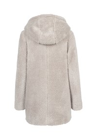 Pitkä vaaleanharmaa pehmeä hupullinen takki, valmistettu pehmeästä, teksturoidusta fleecemateriaalista, kuvattuna takaa.