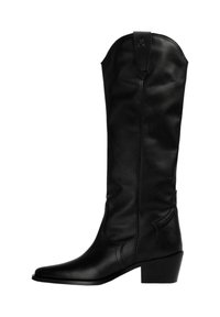 Botas de cowboy de cuero negro con punta afilada, tacón de altura media y costuras decorativas en el eje. Textura suave y diseño elegante.