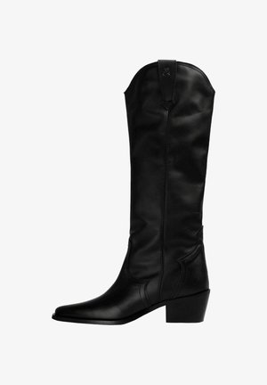 Botas de cowboy de cuero negro con punta afilada, tacón de altura media y costuras decorativas en el eje. Textura suave y diseño elegante.