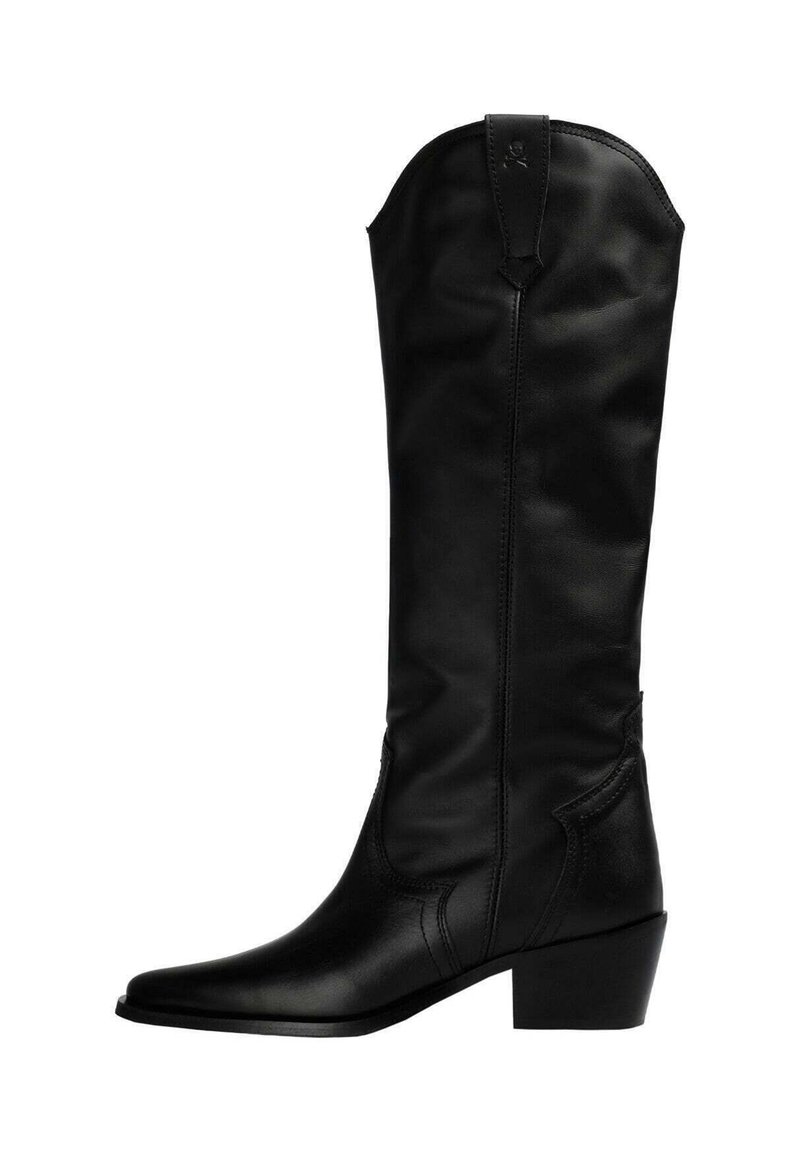 Botas de cowboy de cuero negro con punta afilada, tacón de altura media y costuras decorativas en el eje. Textura suave y diseño elegante.