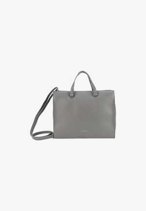 Sac à main en cuir gris avec anses supérieures doubles et une bandoulière amovible. Texture lisse, forme rectangulaire, design minimaliste et détail du logo.