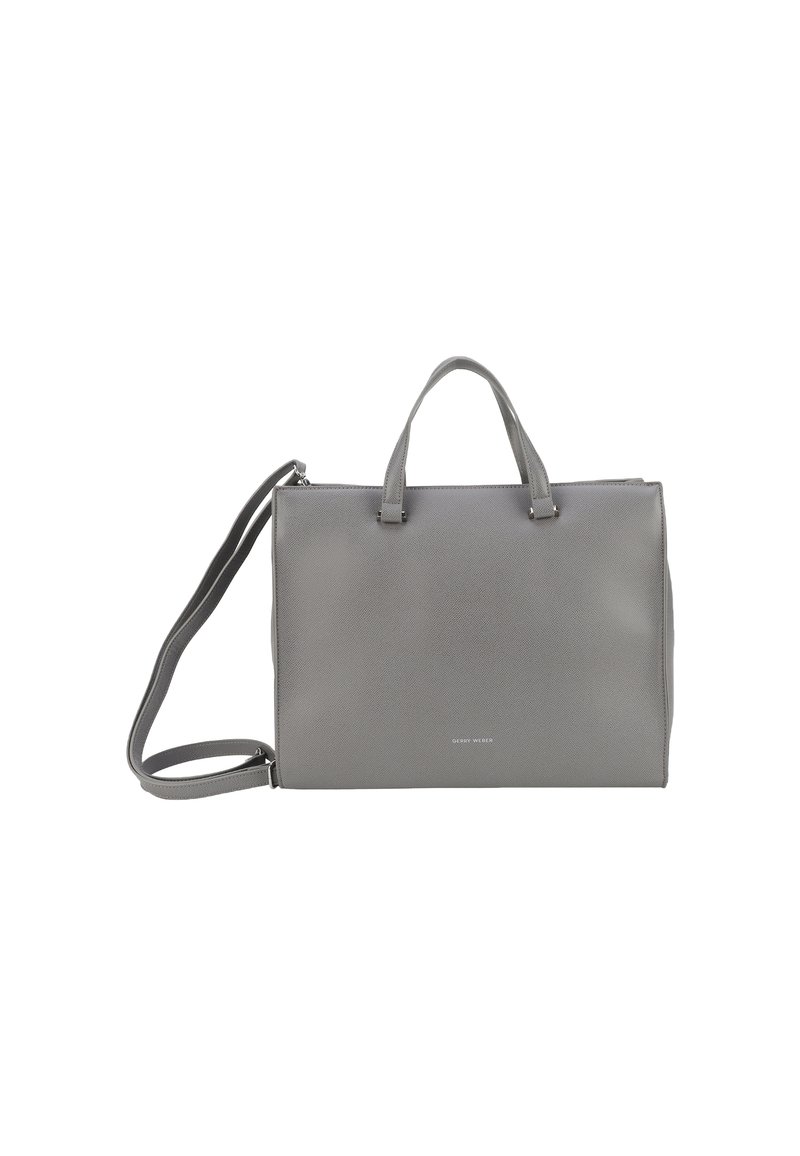 Graue Lederhandtasche mit zwei oberen Griffen und einem abnehmbaren Schultergurt. Glatte Textur, rechteckige Form, minimalistisches Design und Logodetail.