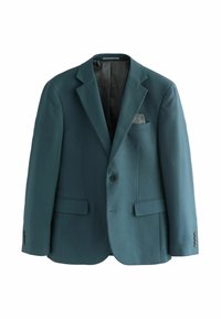 Turkusowa marynarka z klapami, jednozapięciowa, z dwiema przednimi kieszeniami. Posiada teksturowaną podszewkę oraz poszetkę.