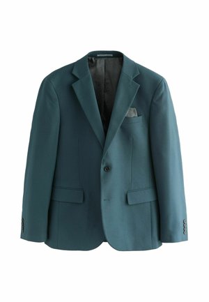 Türkiser Blazer mit aufgesetzten Revers, einer Knopfverschluss und zwei Vorderaschen. Er verfügt über ein strukturiertes Innenfutter und ein Einstecktuch.