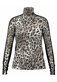 Top s dlouhým rukávem a stojáčkem ve šedém a černém leopardím vzoru, s černými bočními akcenty a přiléhavým designem z elastické tkaniny.