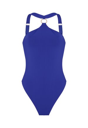 One-piece royal blue swimsuit with adjustable shoulder straps and a circular metal ring connecting the neckline straps.