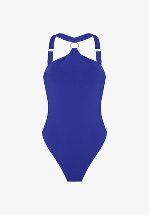 Einteiliger royalblauer Badeanzug mit verstellbaren Schulterriemen und einem runden Metallring, der die Träger am Ausschnitt verbindet.