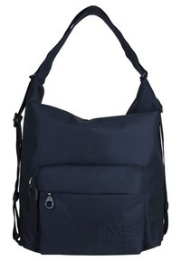 Laukkua tummansinisestä teksturoidusta kankaasta. Sen edessä on vetoketjullinen tasku ja säädettävä hihna helppoa kantamista varten.