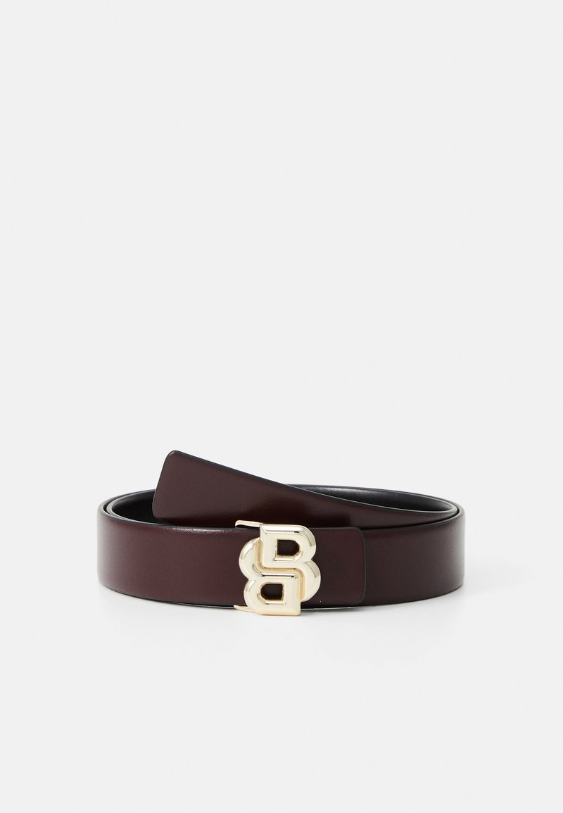 Burgundy leather belt with a smooth texture, featuring a gold-tone buckle with a stylized 'B' design.