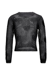 Maglia corta nera in maglia con maniche lunghe e un motivo ad apertura a rete. Presenta un colletto e polsini a coste per un look aderente.